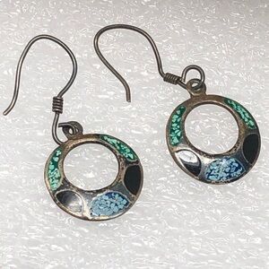 Vintage Mexico Earrings Sterling Silver Turquoise Mini Dangle Signed